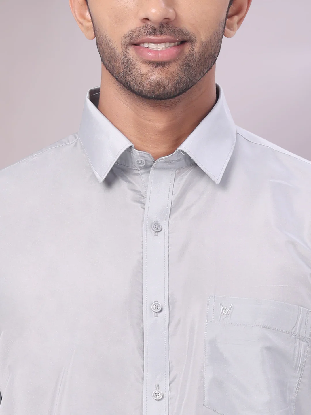 Mens Art Silk Steel Grey Full Sleeves Shirt with Gold Jari Border Dhoti & Towel Combo Blush - Image 5