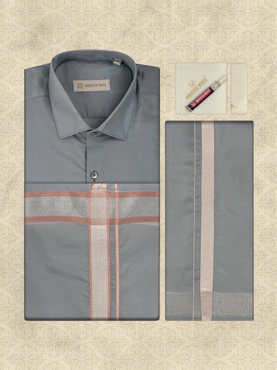 Mens Art Silk Steel Grey Full Sleeves Shirt with Gold Jari Border Dhoti & Towel Combo Blush - Image 6