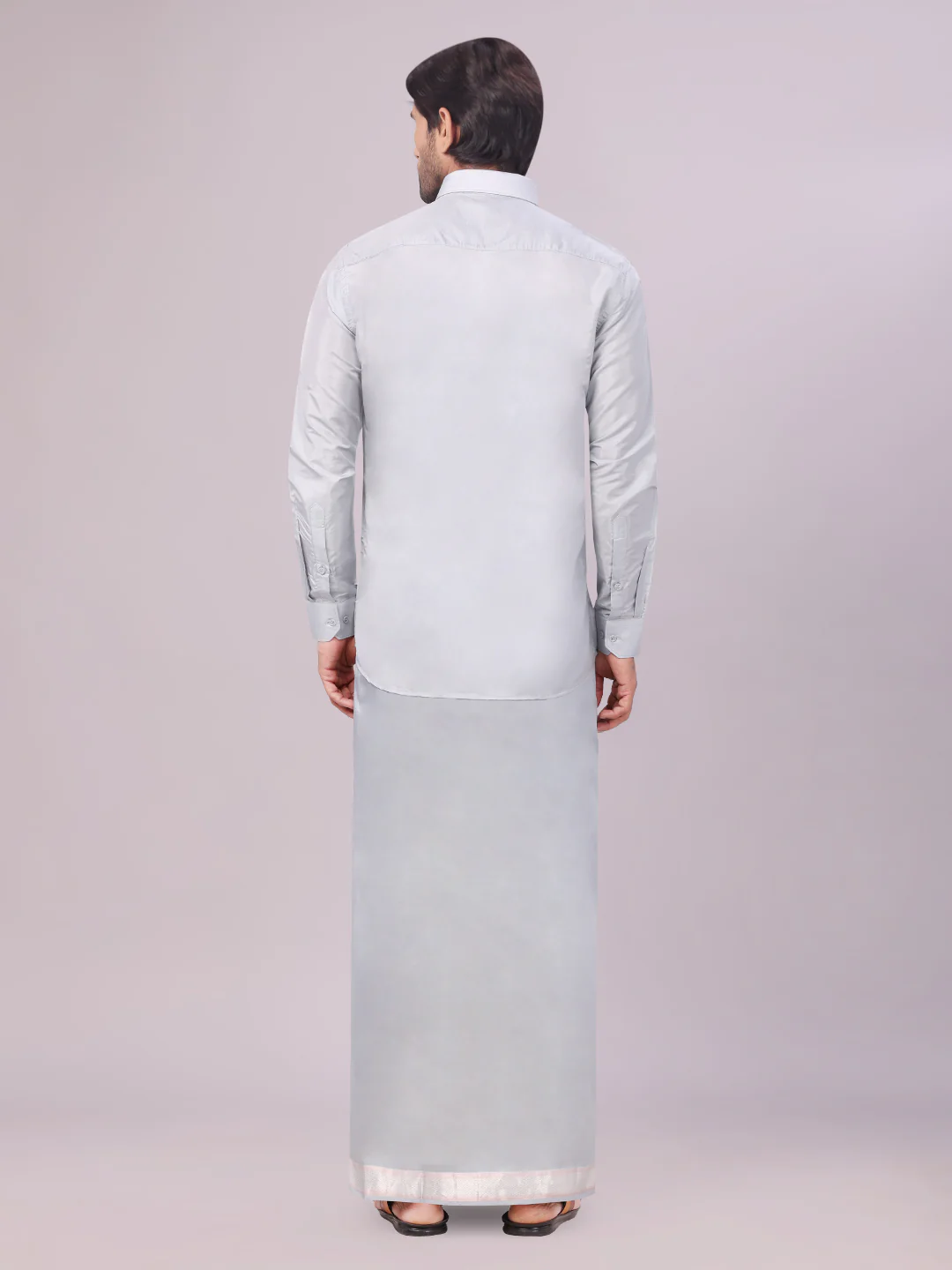 Mens Art Silk Steel Grey Full Sleeves Shirt with Silver Jari Border Dhoti Combo Finesse - Image 4