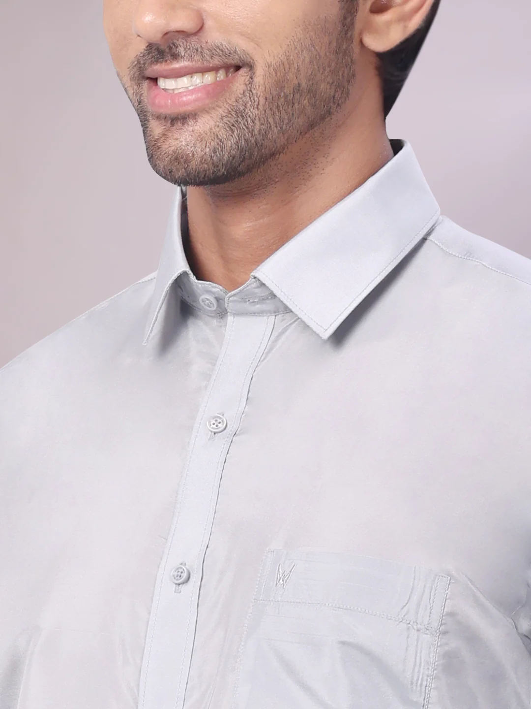 Mens Art Silk Steel Grey Full Sleeves Shirt with Silver Jari Border Dhoti Combo Finesse - Image 6