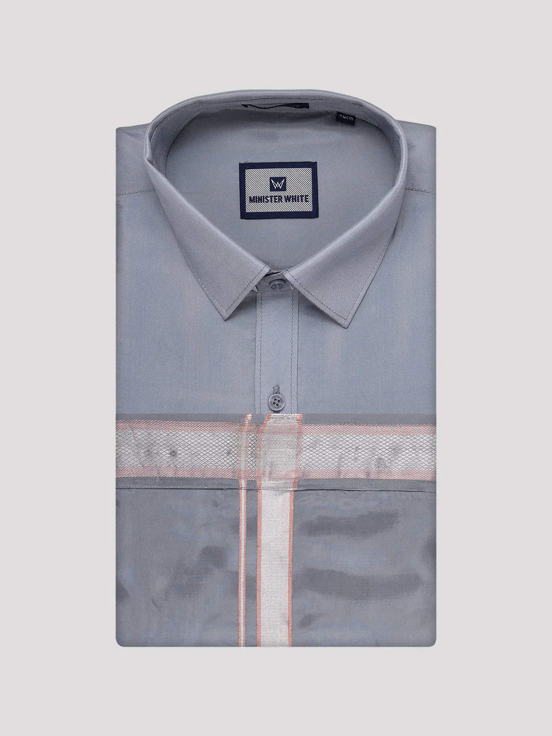 Mens Art Silk Steel Grey Full Sleeves Shirt with Silver Jari Border Dhoti Combo Finesse - Image 7