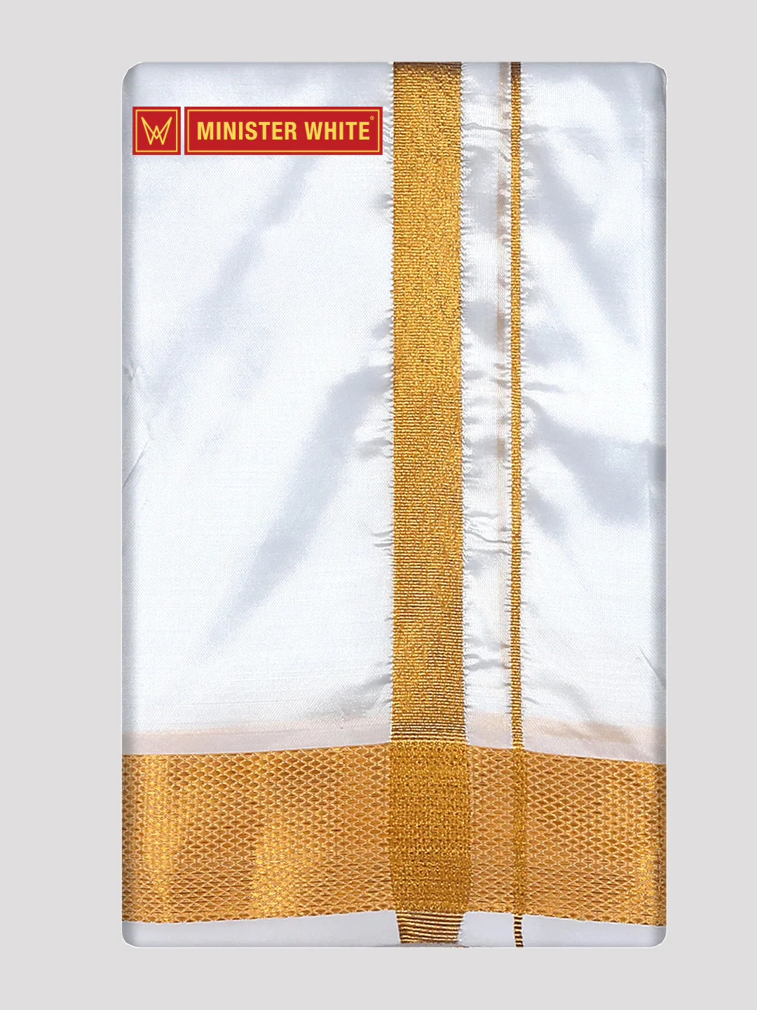 Mens Art Silk White Double Dhoti with 100K Gold Jari Border - Gaya 100K