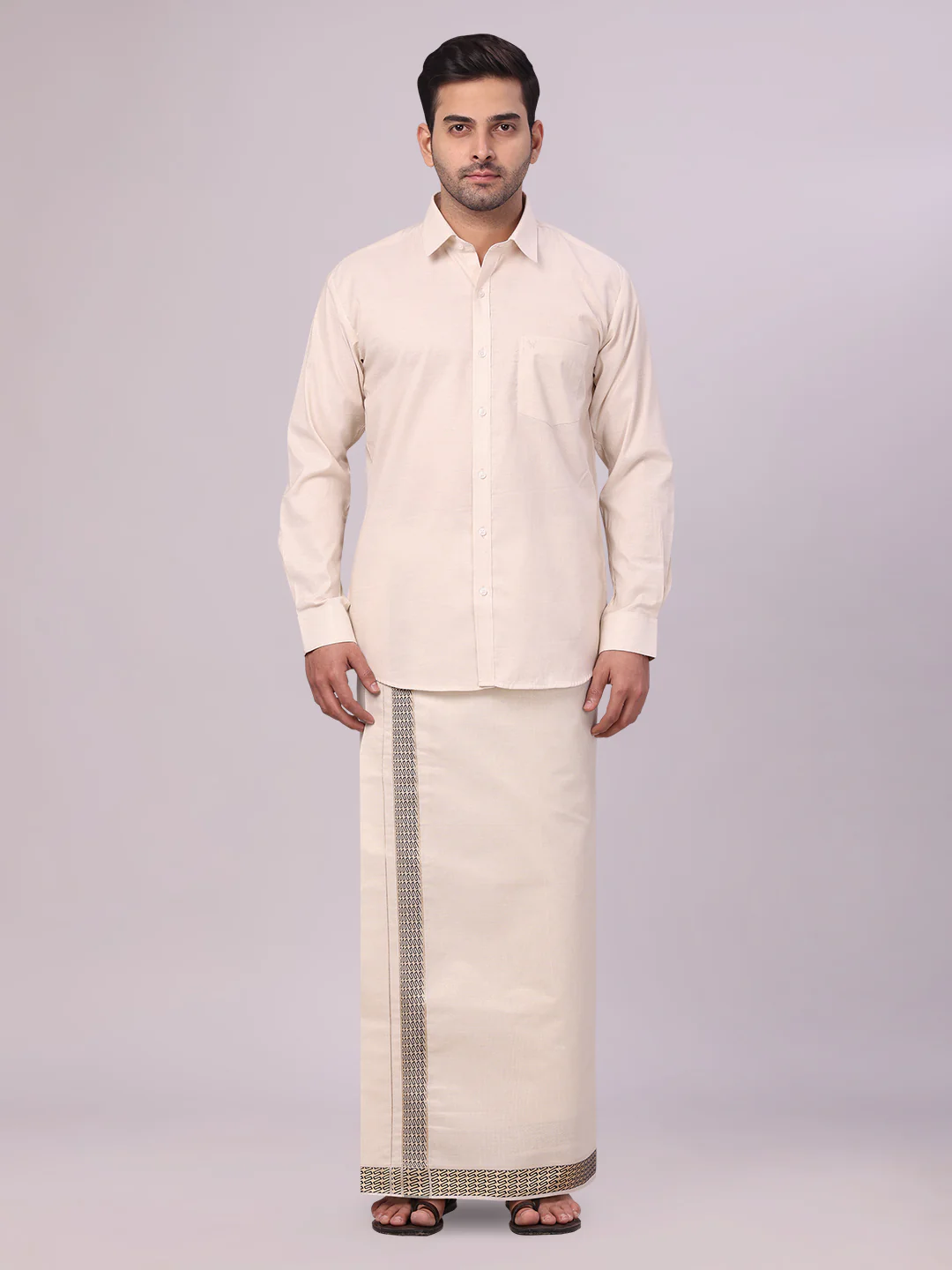 Mens Beige Tissue Stripe Shirt and Dhoti Combo with Jacquard Border Kane