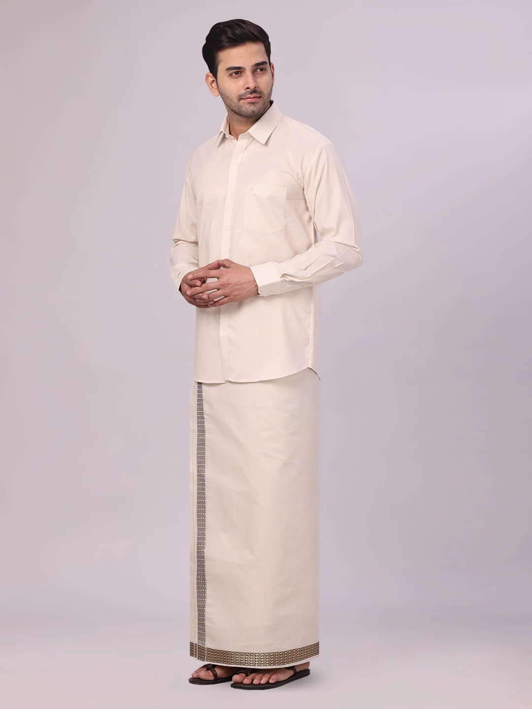 Mens Beige Tissue Stripe Shirt and Dhoti Combo with Jacquard Border Kane - Image 3