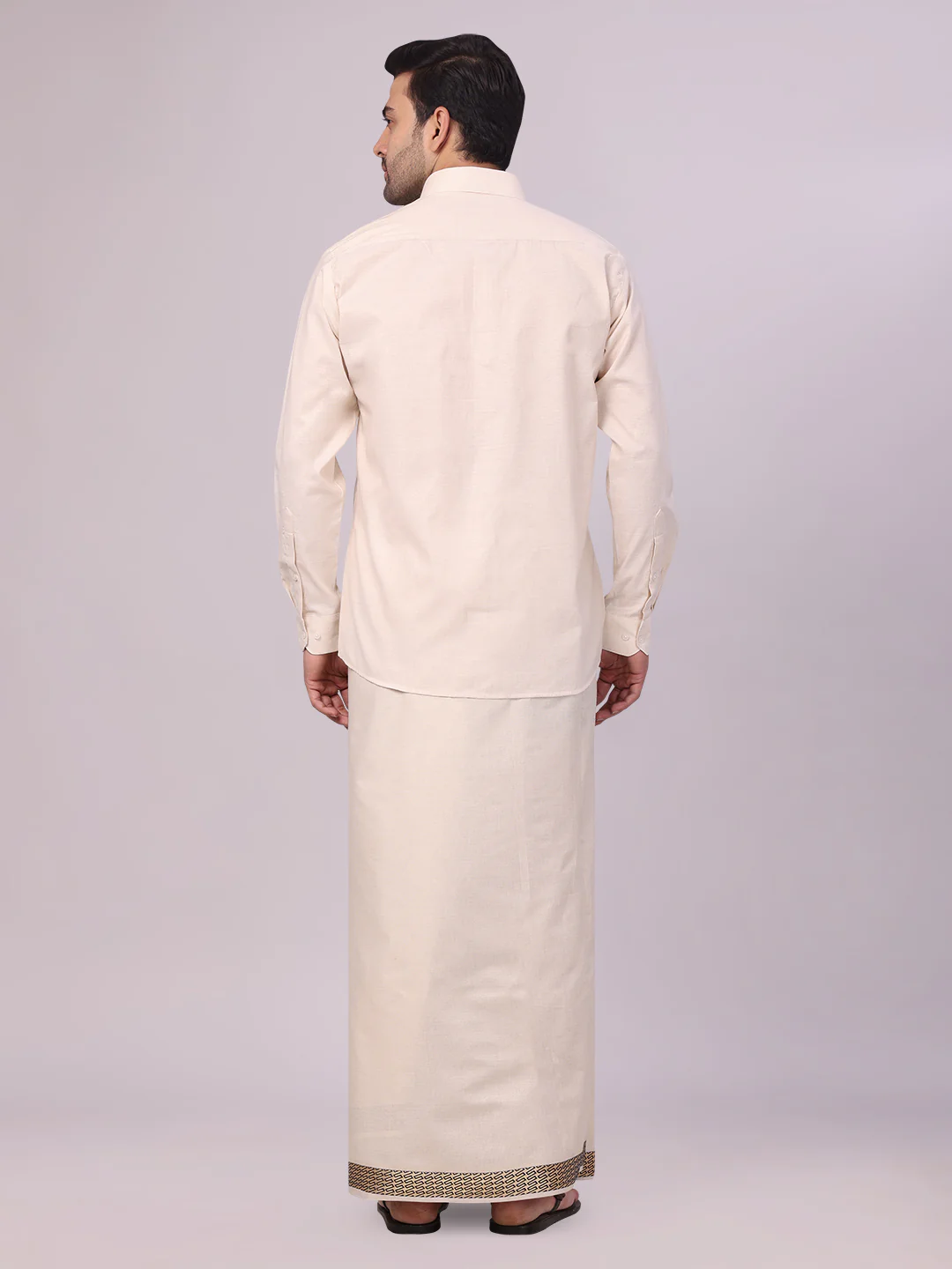 Mens Beige Tissue Stripe Shirt and Dhoti Combo with Jacquard Border Kane - Image 4