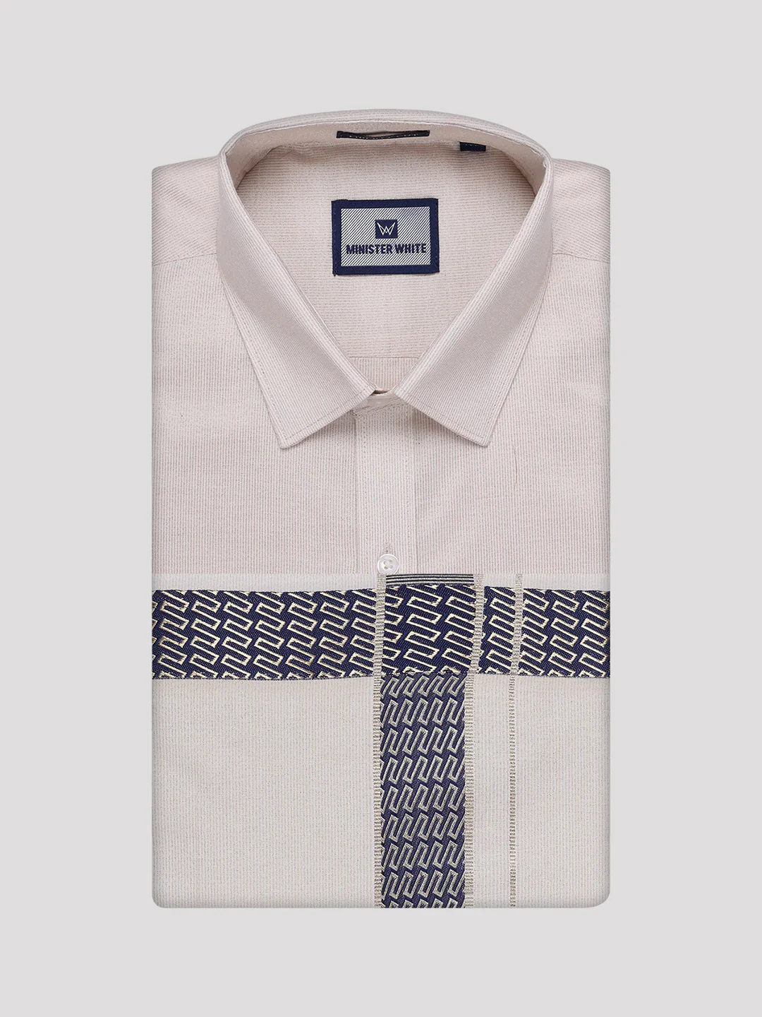Mens Beige Tissue Stripe Shirt and Dhoti Combo with Jacquard Border Kane - Image 5