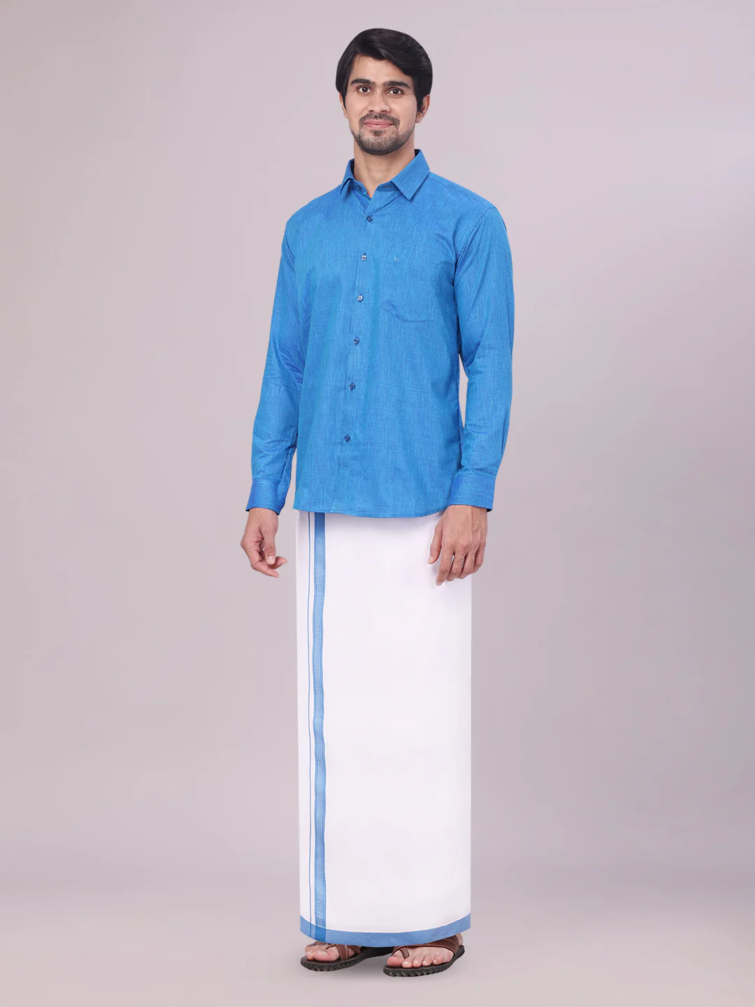 Mens Blue Colour Shirt with Matching Fancy Border Dhoti Combo Lemax - Image 3