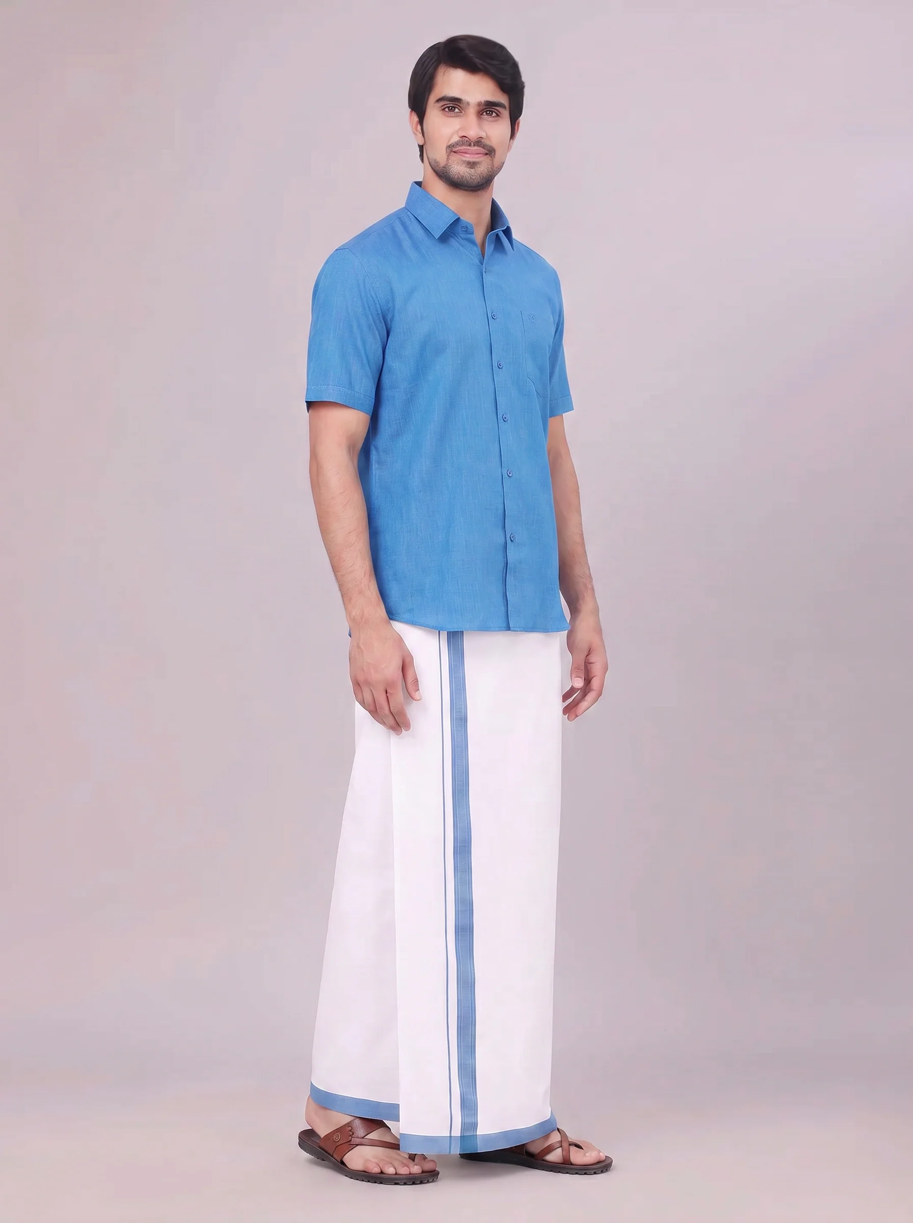 Mens Blue Colour Shirt with Matching Fancy Border Dhoti Combo Lemax - Image 6