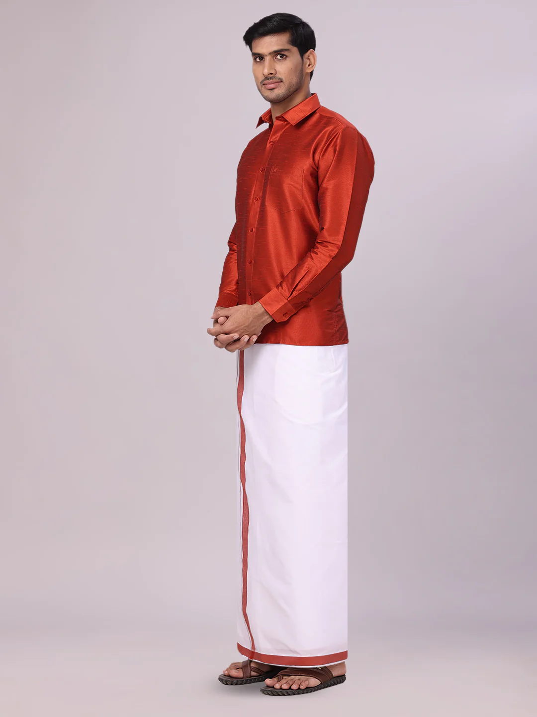 Men's Brick Red Dupion Satin Color Shirt with Matching Border Flexi Dhoti Combo Gora Flexi - Image 4