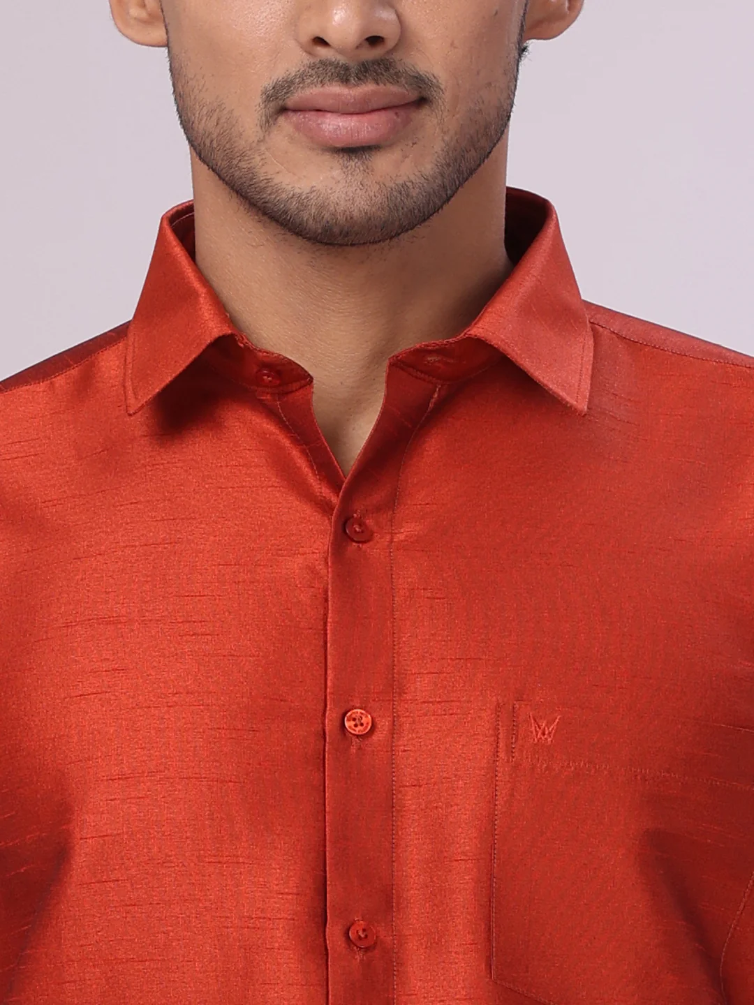 Men's Brick Red Dupion Satin Color Shirt with Matching Border Flexi Dhoti Combo Gora Flexi - Image 6