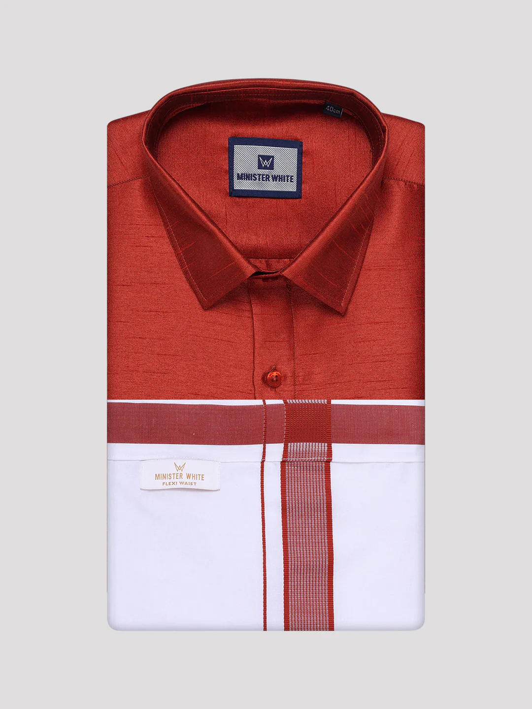 Men's Brick Red Dupion Satin Color Shirt with Matching Border Flexi Dhoti Combo Gora Flexi - Image 7