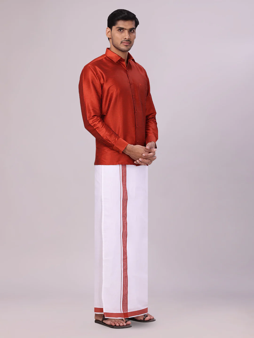 Mens Red Dupion Satin Shirt with Matching Border Dhoti Combo Gora - Image 3