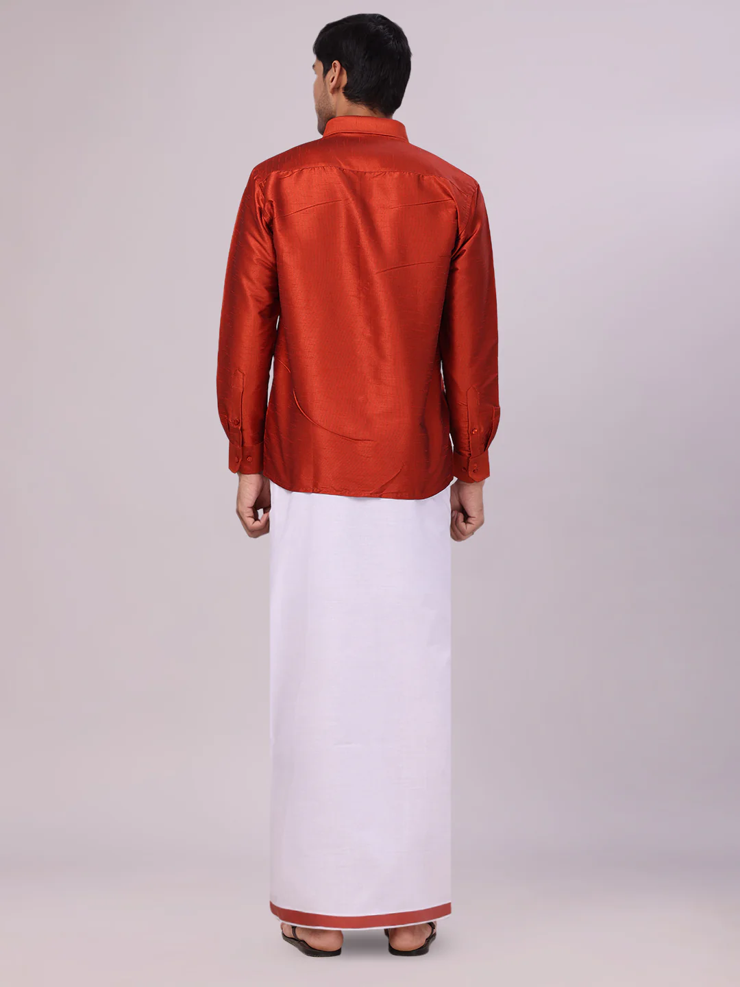 Mens Red Dupion Satin Shirt with Matching Border Dhoti Combo Gora - Image 4