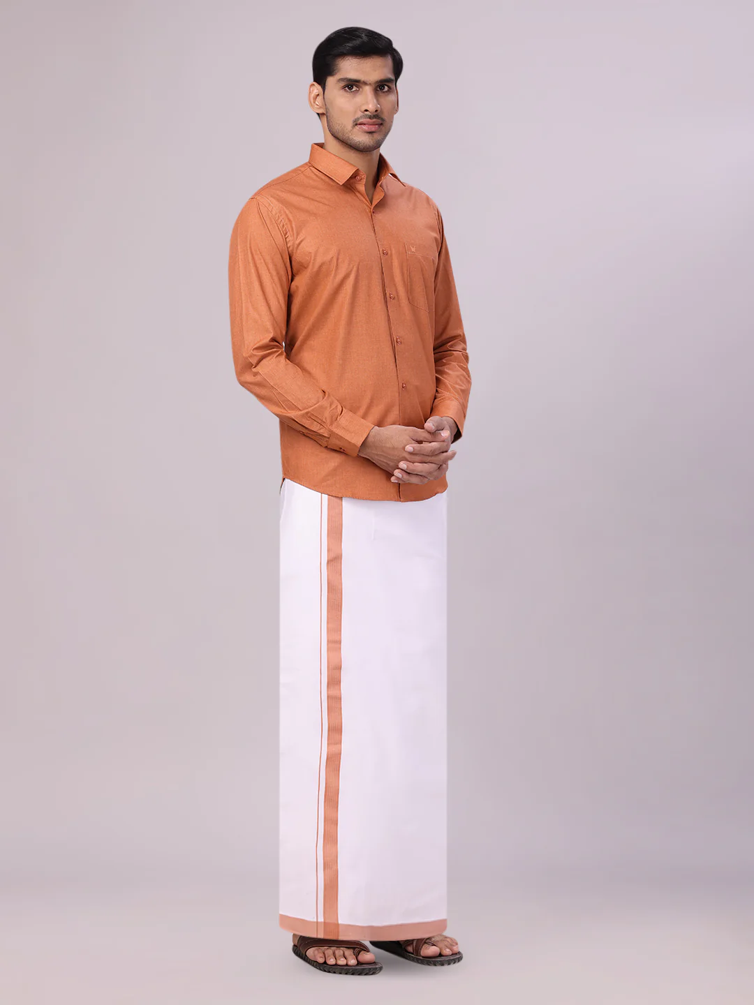 Mens Brown Color Shirt with Matching Border Dhoti Combo Casper - Image 5