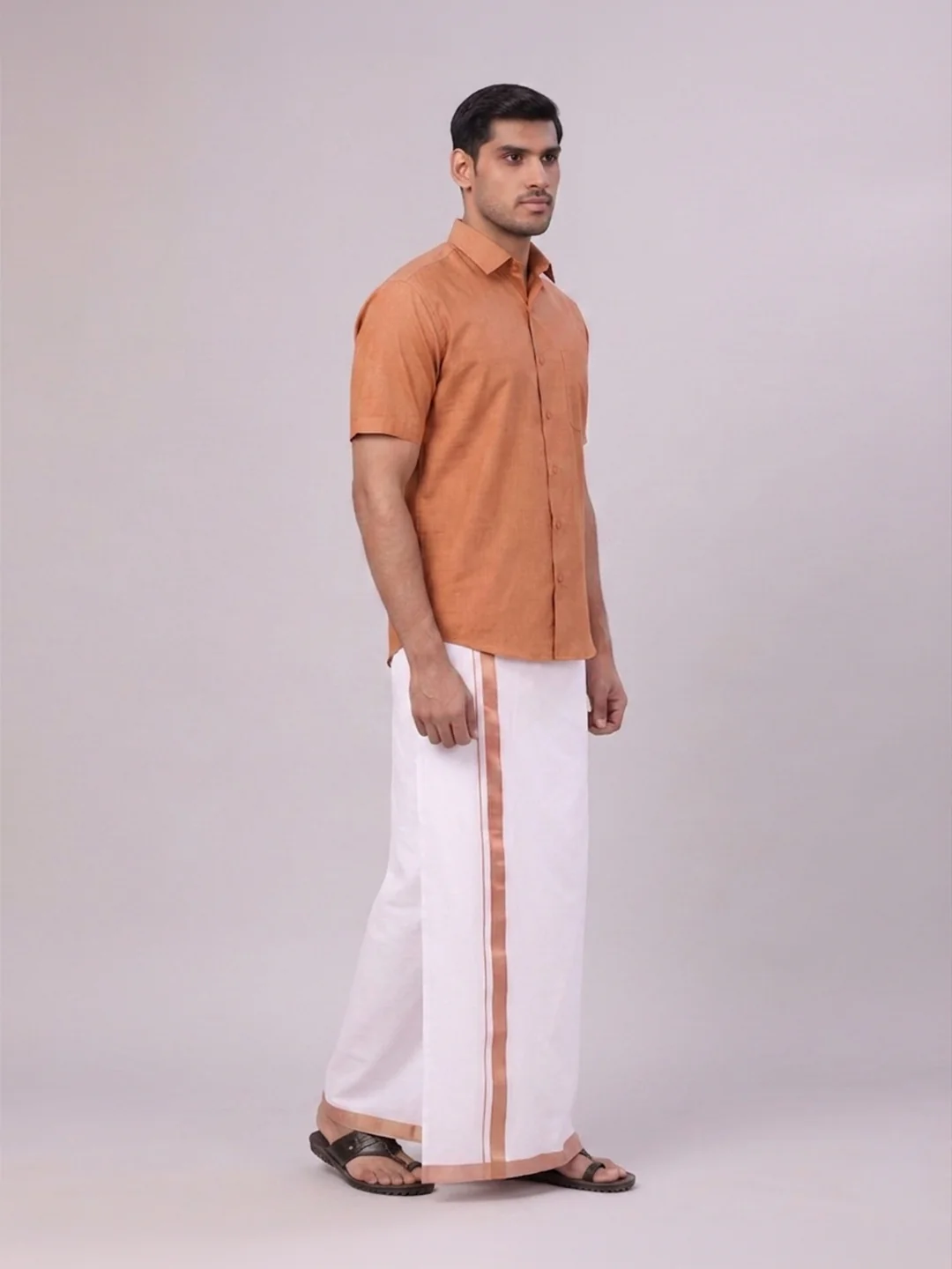 Mens Brown Color Shirt with Matching Border Dhoti Combo Casper - Image 6