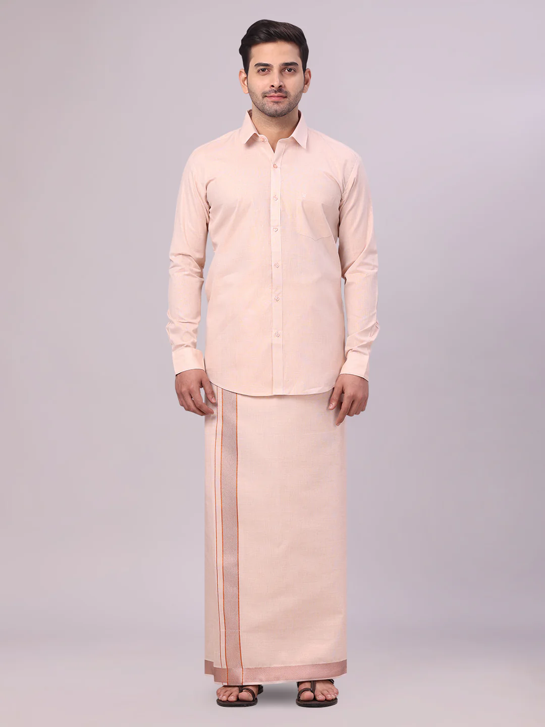 Mens Copper Tissue Shirt and Dhoti Set with Intricate Jacquard Border Plum