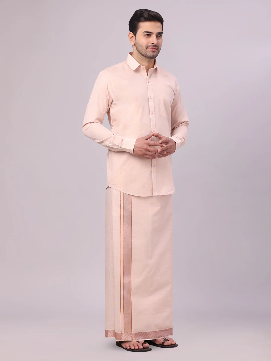 Mens Copper Tissue Shirt and Dhoti Set with Intricate Jacquard Border Plum - Image 2