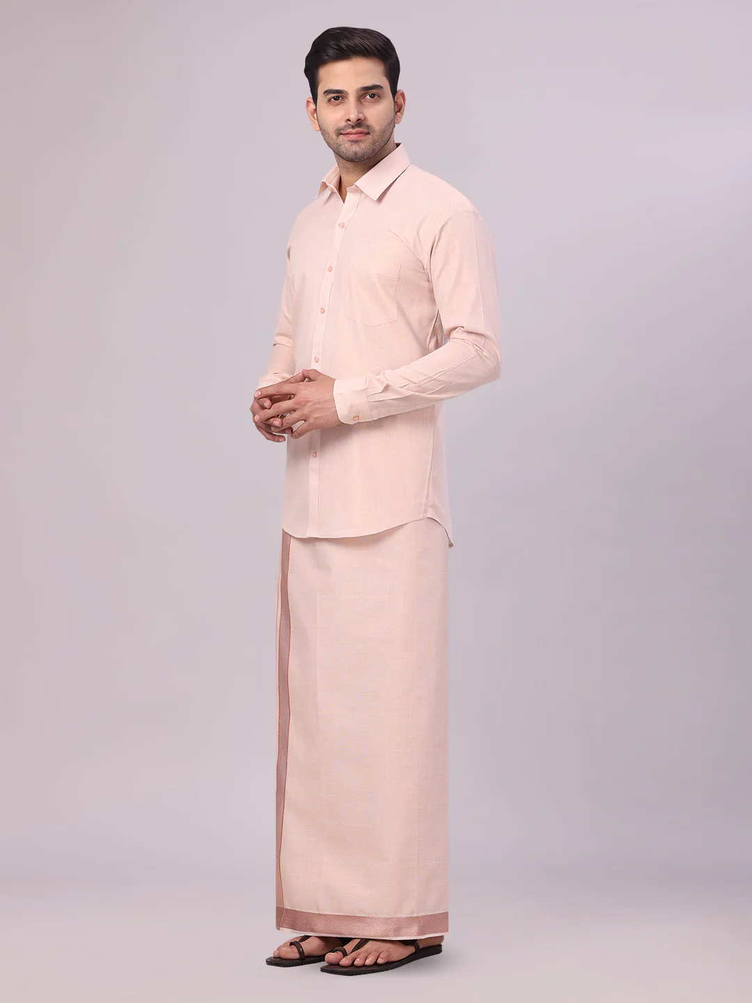 Mens Copper Tissue Shirt and Dhoti Set with Intricate Jacquard Border Plum - Image 3