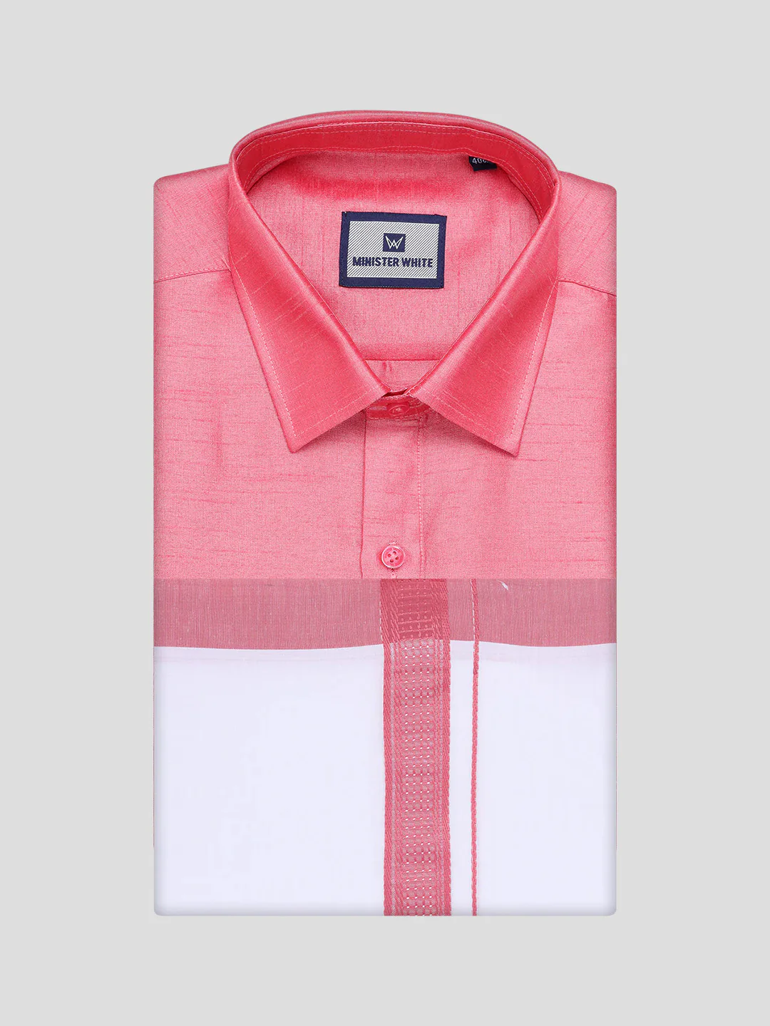 Mens Coral Pink Dupion Satin Shirt with Matching Border Dhoti Combo Gora - Image 5