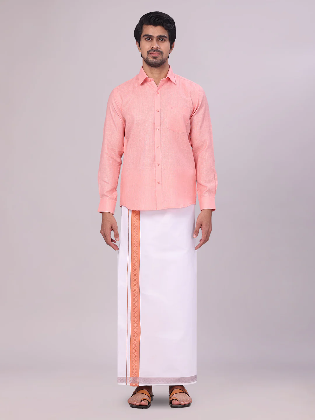 Mens Coral Pink Shirt with Matching jacquard Weave Border Dhoti Combo Marsh