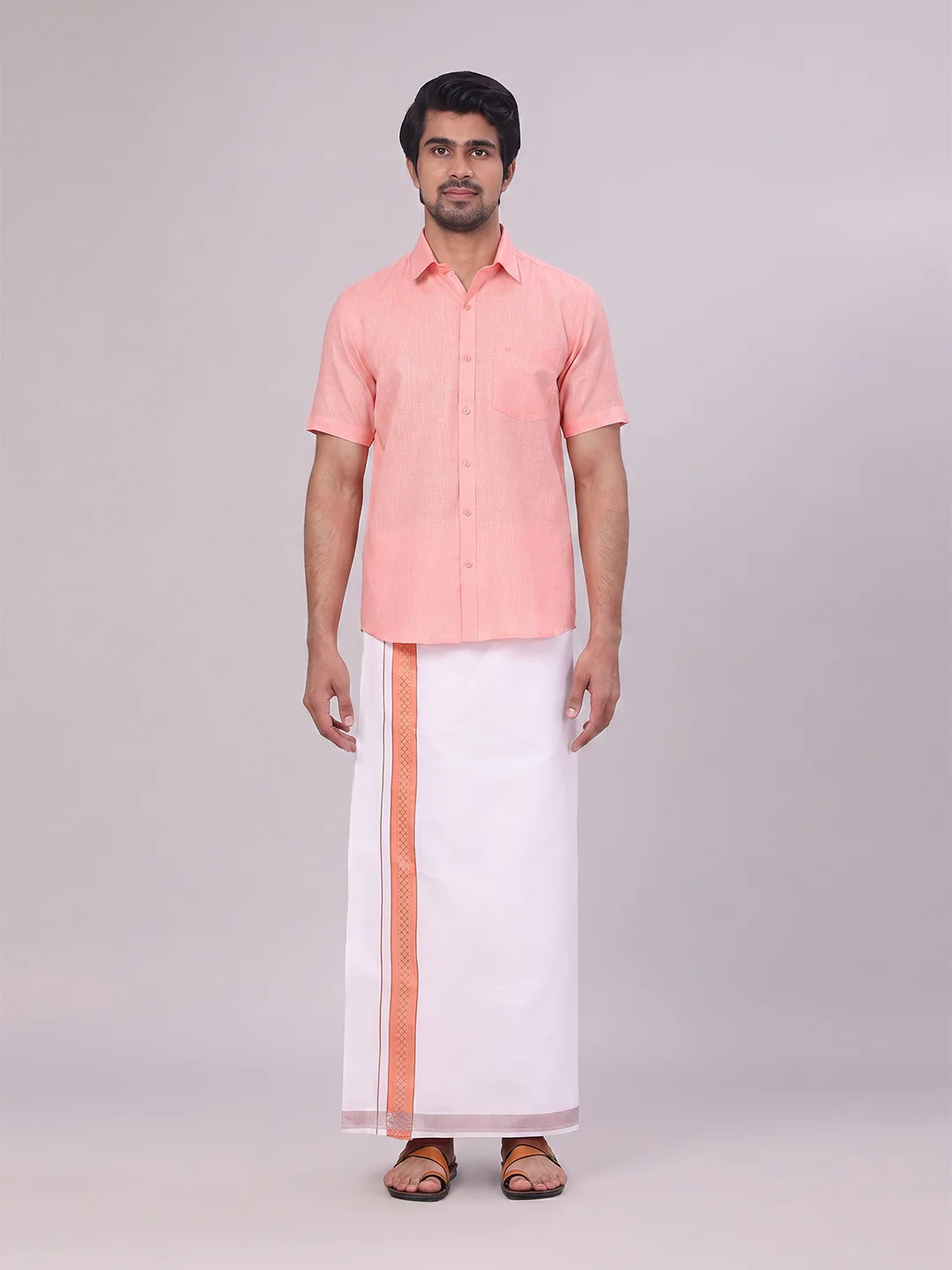 Mens Coral Pink Shirt with Matching jacquard Weave Border Dhoti Combo Marsh - Image 2
