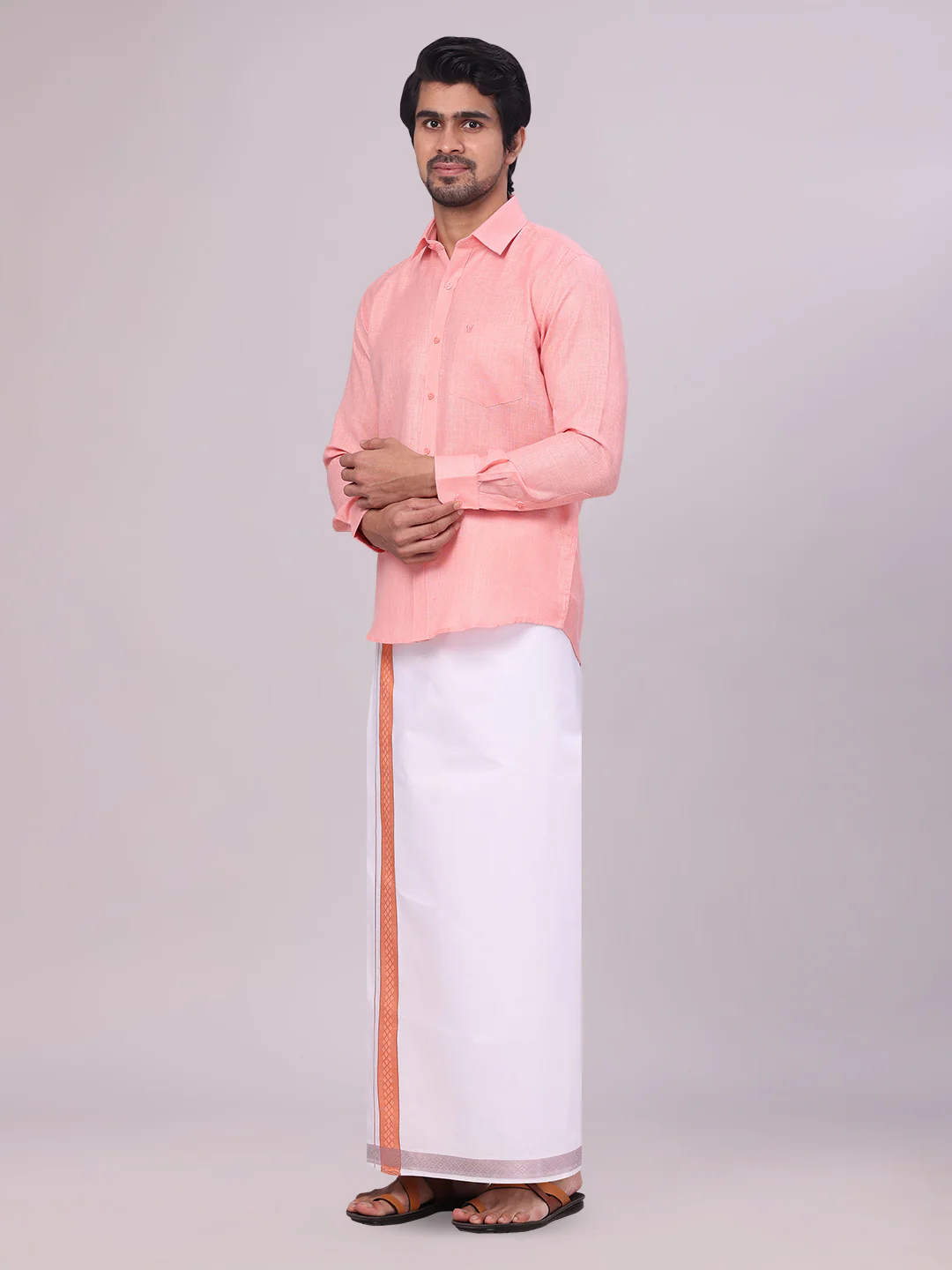 Mens Coral Pink Shirt with Matching jacquard Weave Border Dhoti Combo Marsh - Image 3