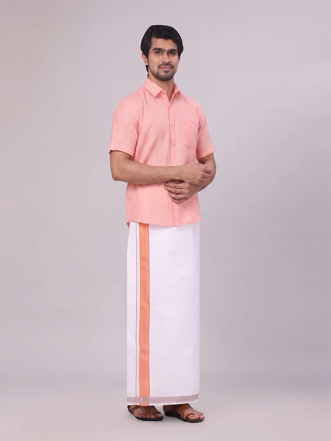 Mens Coral Pink Shirt with Matching jacquard Weave Border Dhoti Combo Marsh - Image 4