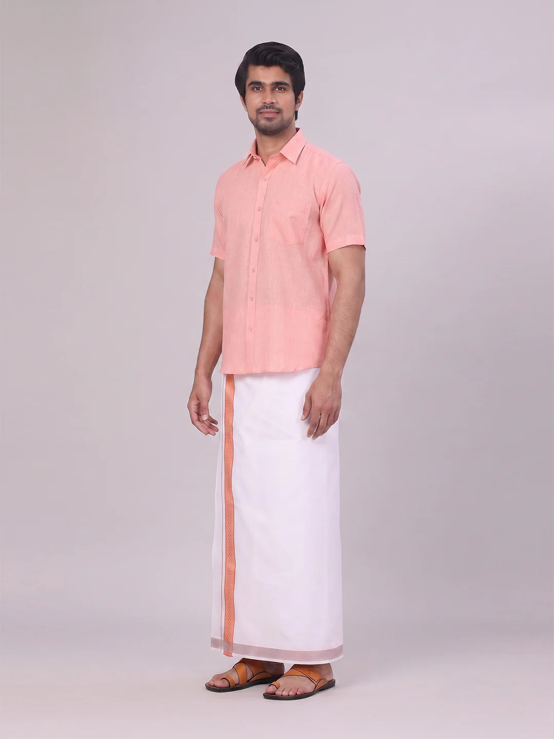 Mens Coral Pink Shirt with Matching jacquard Weave Border Dhoti Combo Marsh - Image 5