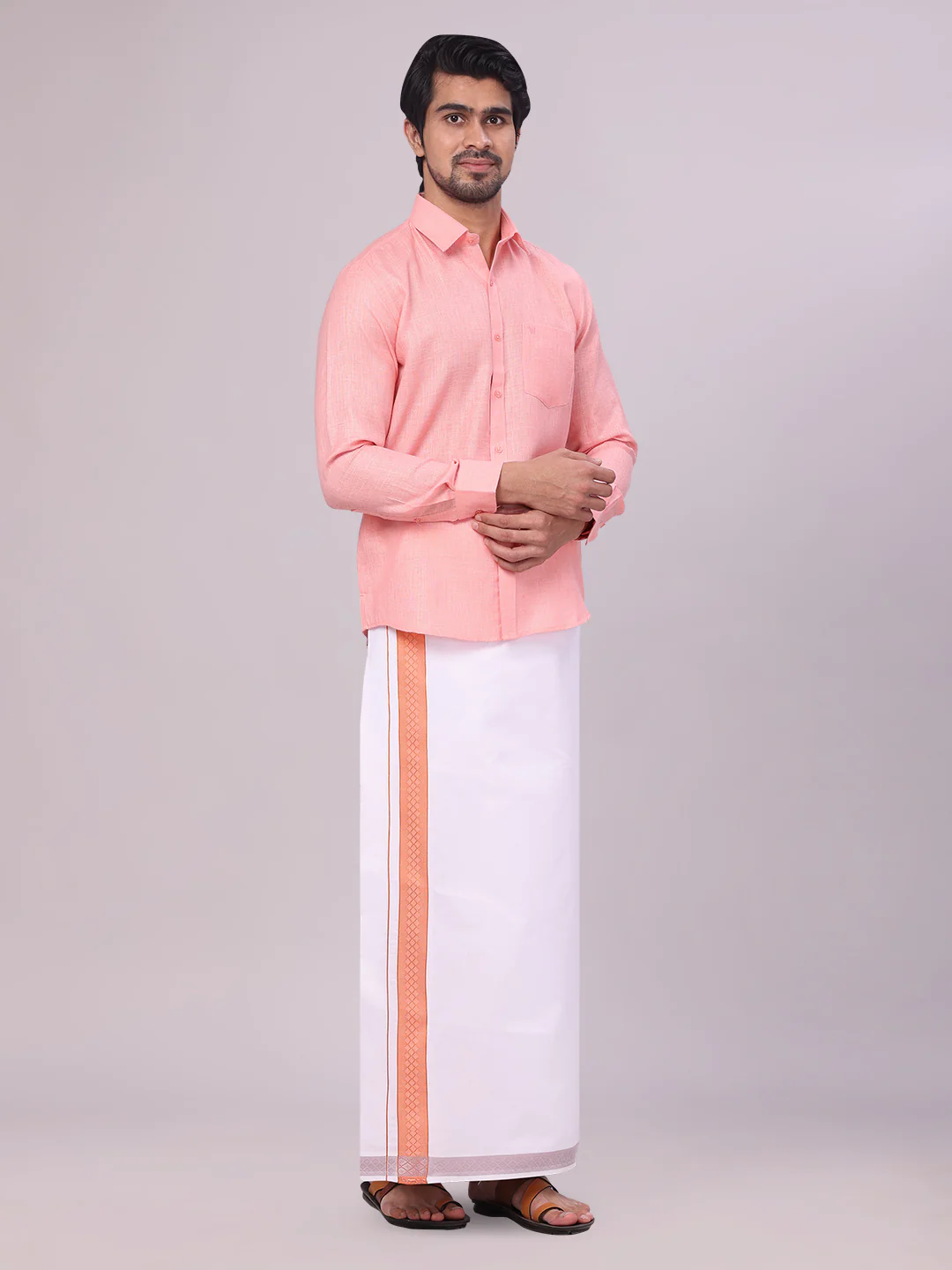 Mens Coral Pink Shirt with Matching jacquard Weave Border Dhoti Combo Marsh - Image 6