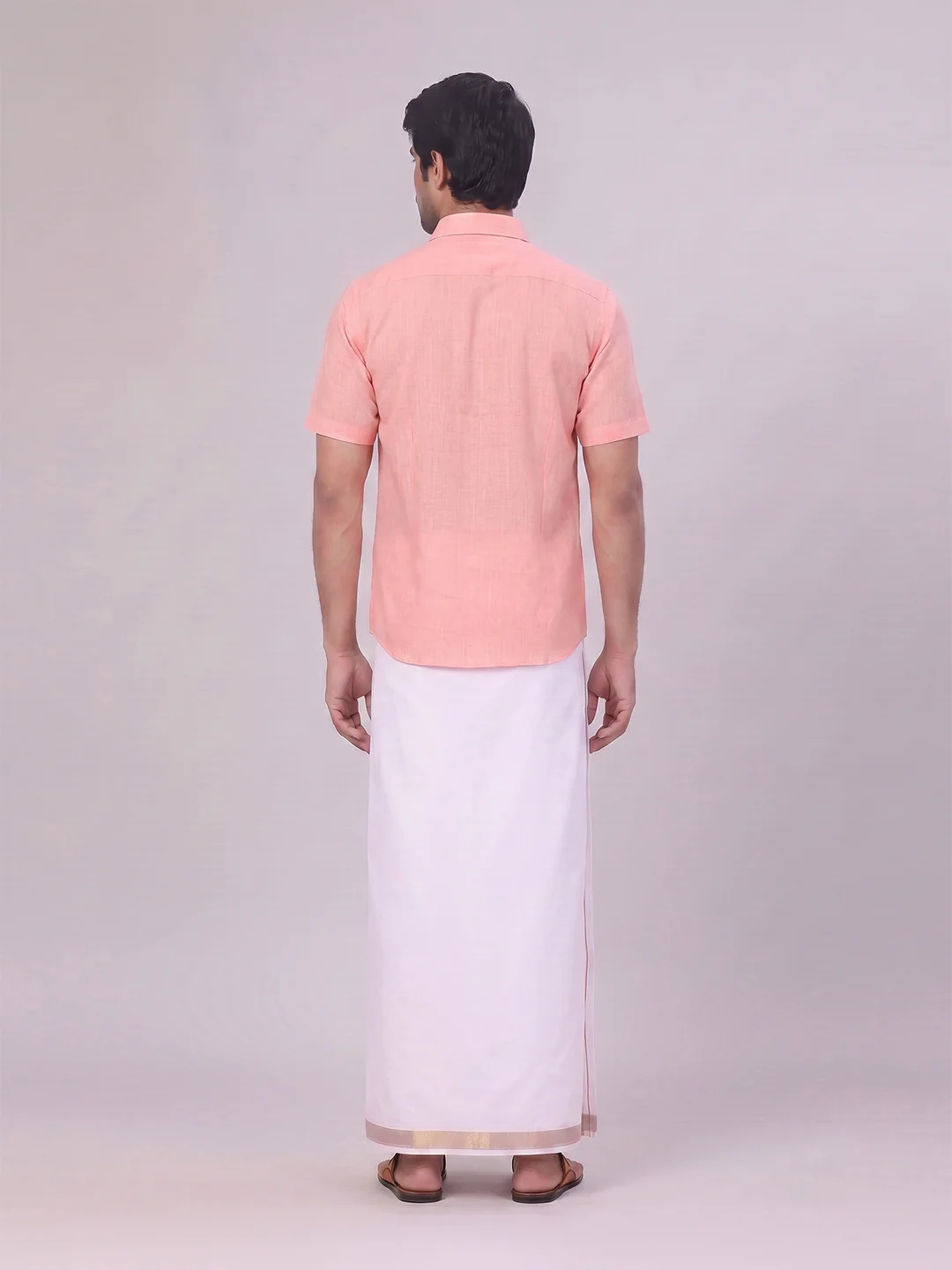 Mens Coral Pink Shirt with Matching jacquard Weave Border Dhoti Combo Marsh - Image 8