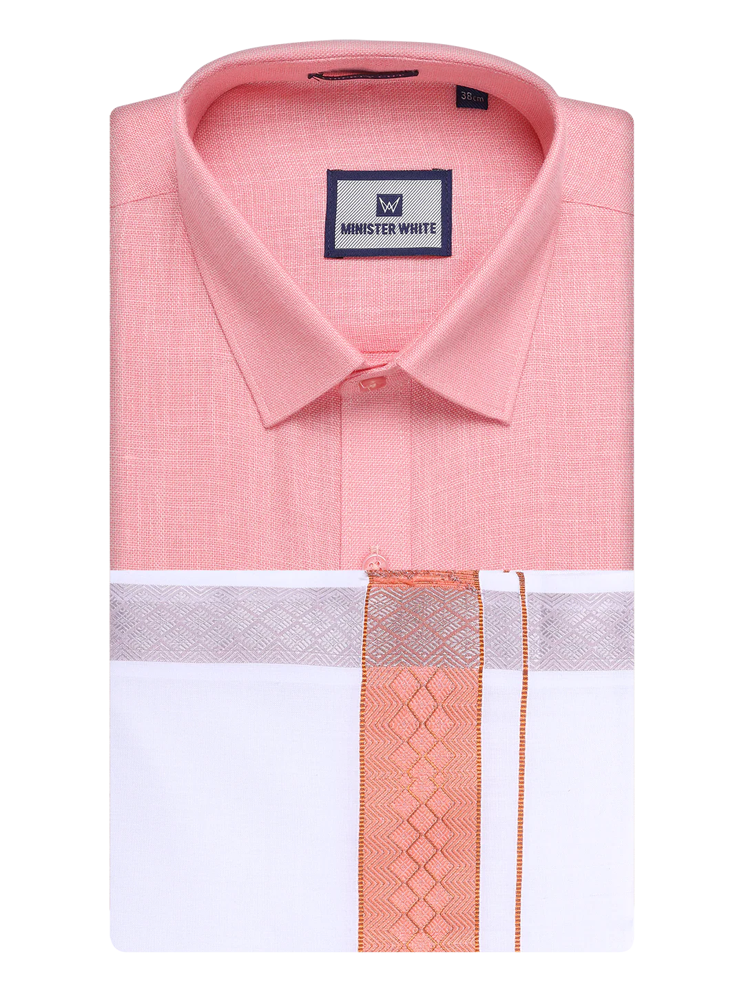 Mens Coral Pink Shirt with Matching jacquard Weave Border Dhoti Combo Marsh - Image 9