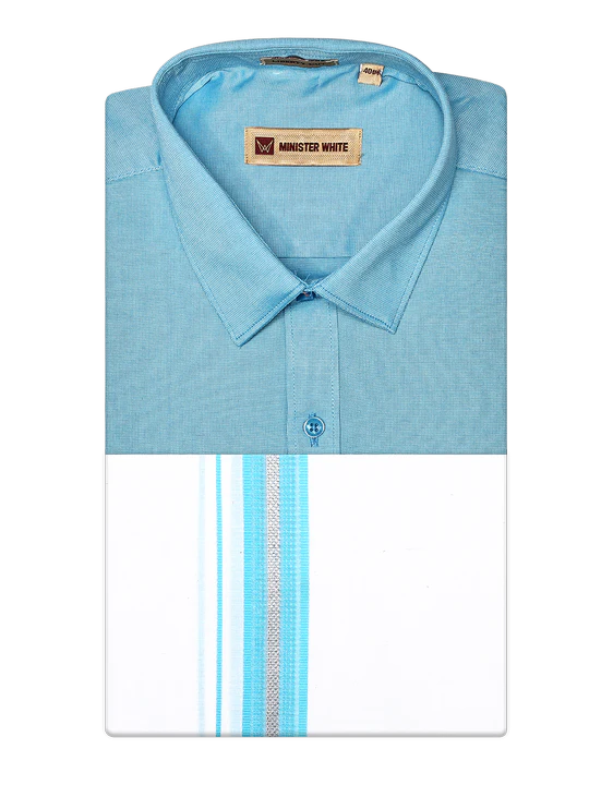 Men's Cotton Aqua Color Matching Shirt and Dhoti Combo Hazel