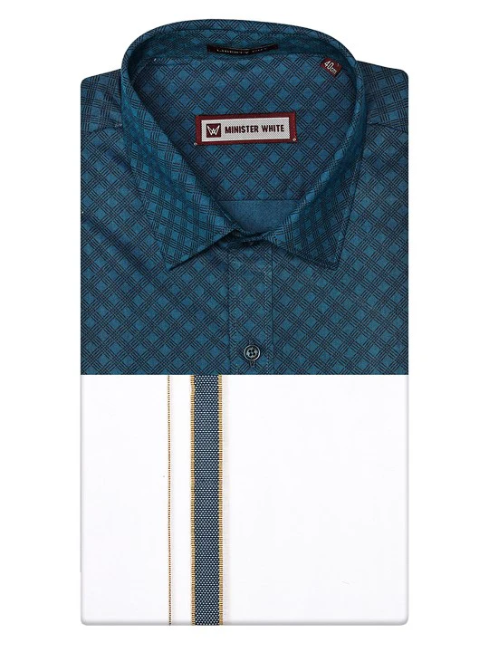 Men's Cotton Blue Color Printed Regular Fit Shirt with Matching Border Dhoti Posh
