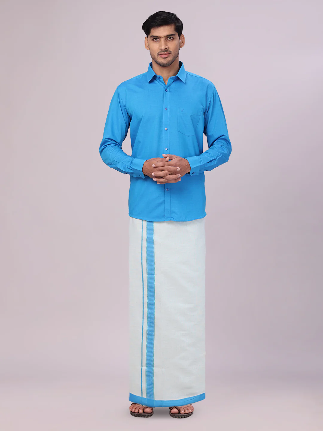 Mens Cotton Blue Shirt with Tissue Matching Border Dhoti Wedding Combo Kandala