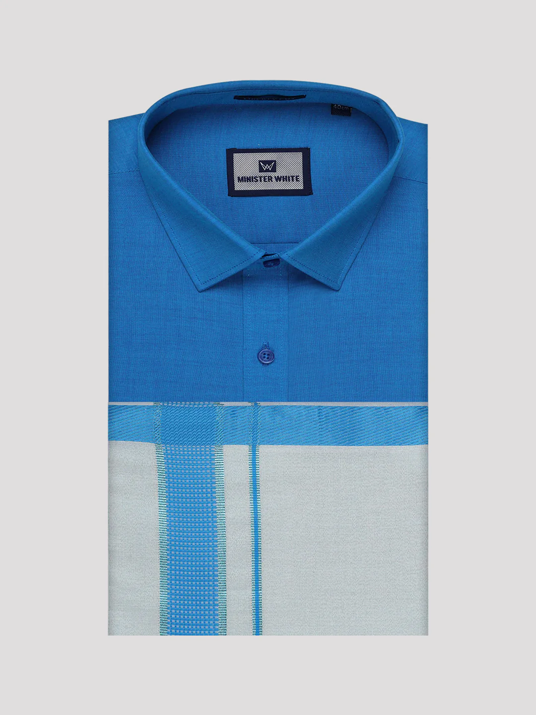 Mens Cotton Blue Shirt with Tissue Matching Border Dhoti Wedding Combo Kandala - Image 10