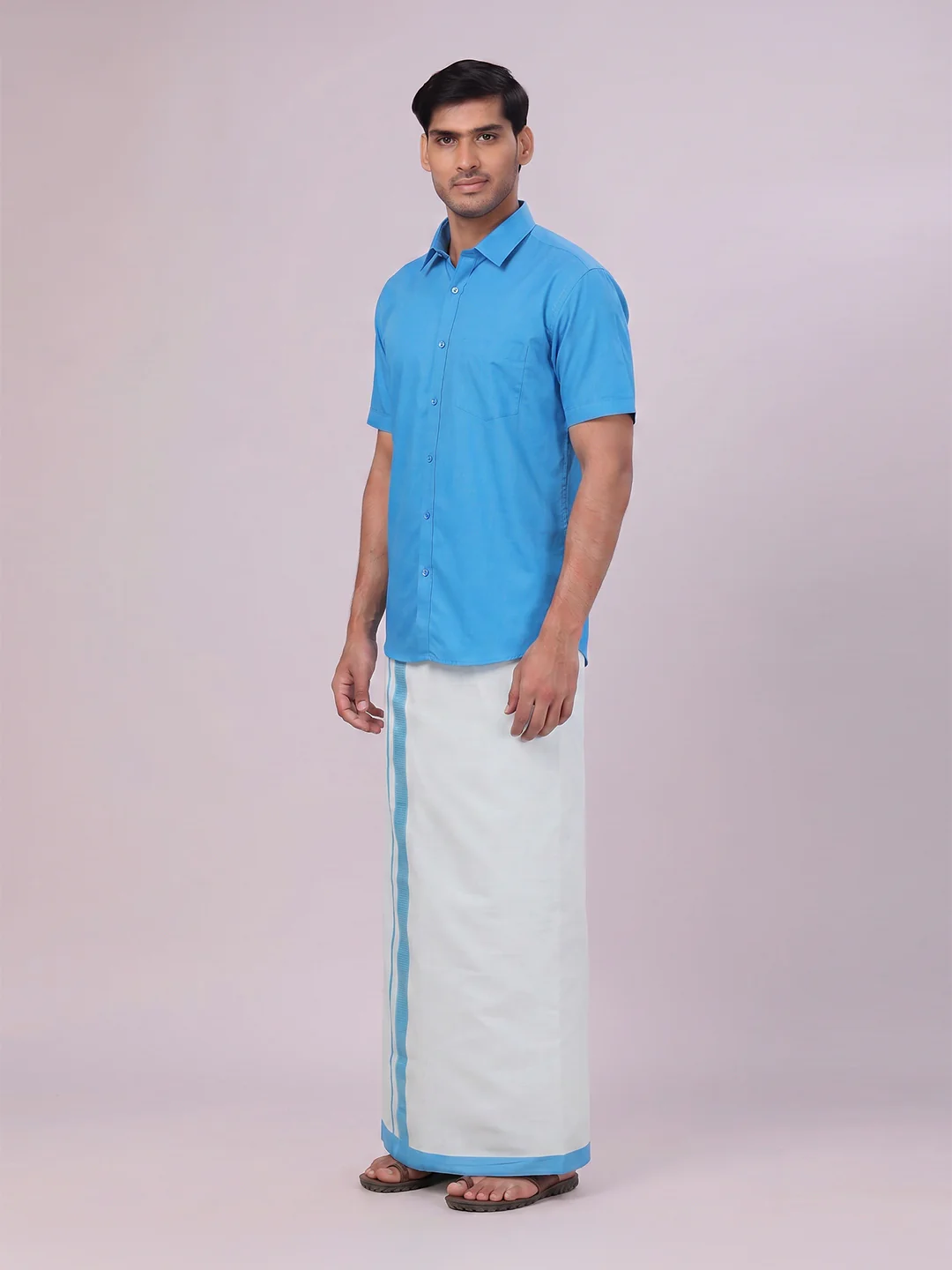 Mens Cotton Blue Shirt with Tissue Matching Border Dhoti Wedding Combo Kandala - Image 3