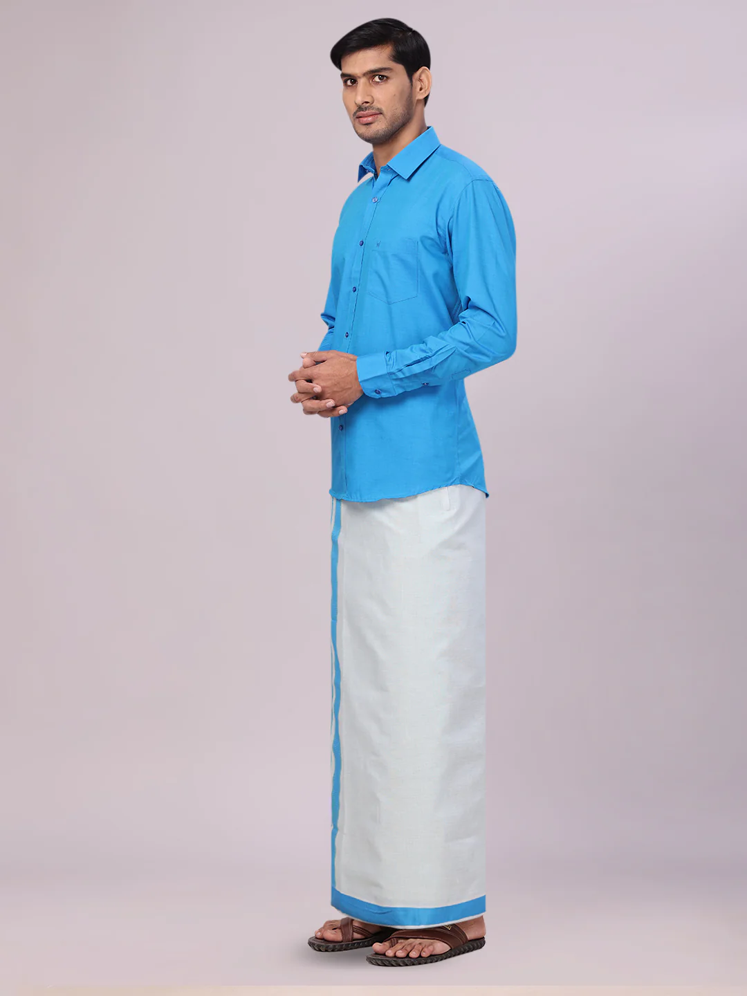 Mens Cotton Blue Shirt with Tissue Matching Border Dhoti Wedding Combo Kandala - Image 4