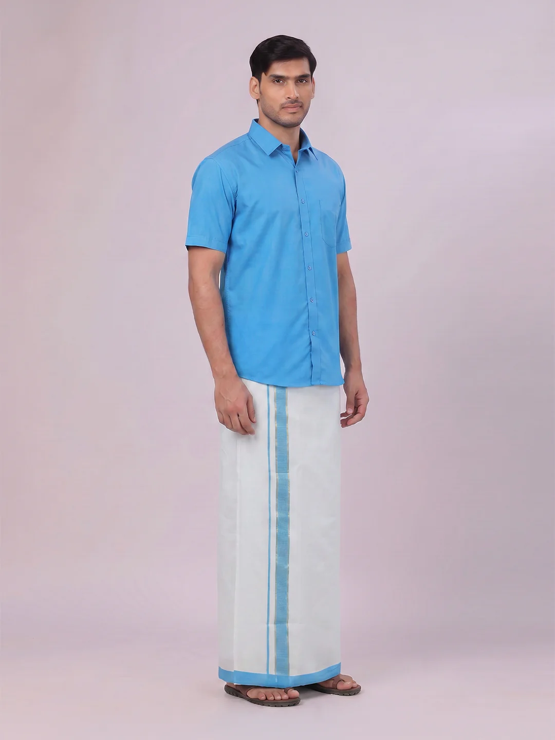 Mens Cotton Blue Shirt with Tissue Matching Border Dhoti Wedding Combo Kandala - Image 6