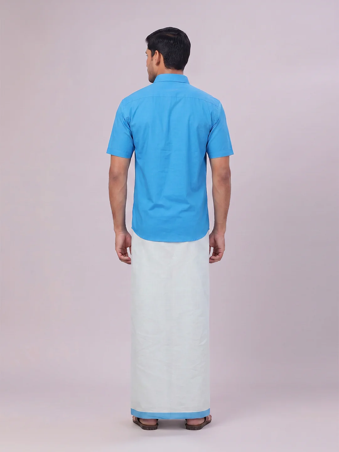 Mens Cotton Blue Shirt with Tissue Matching Border Dhoti Wedding Combo Kandala - Image 8