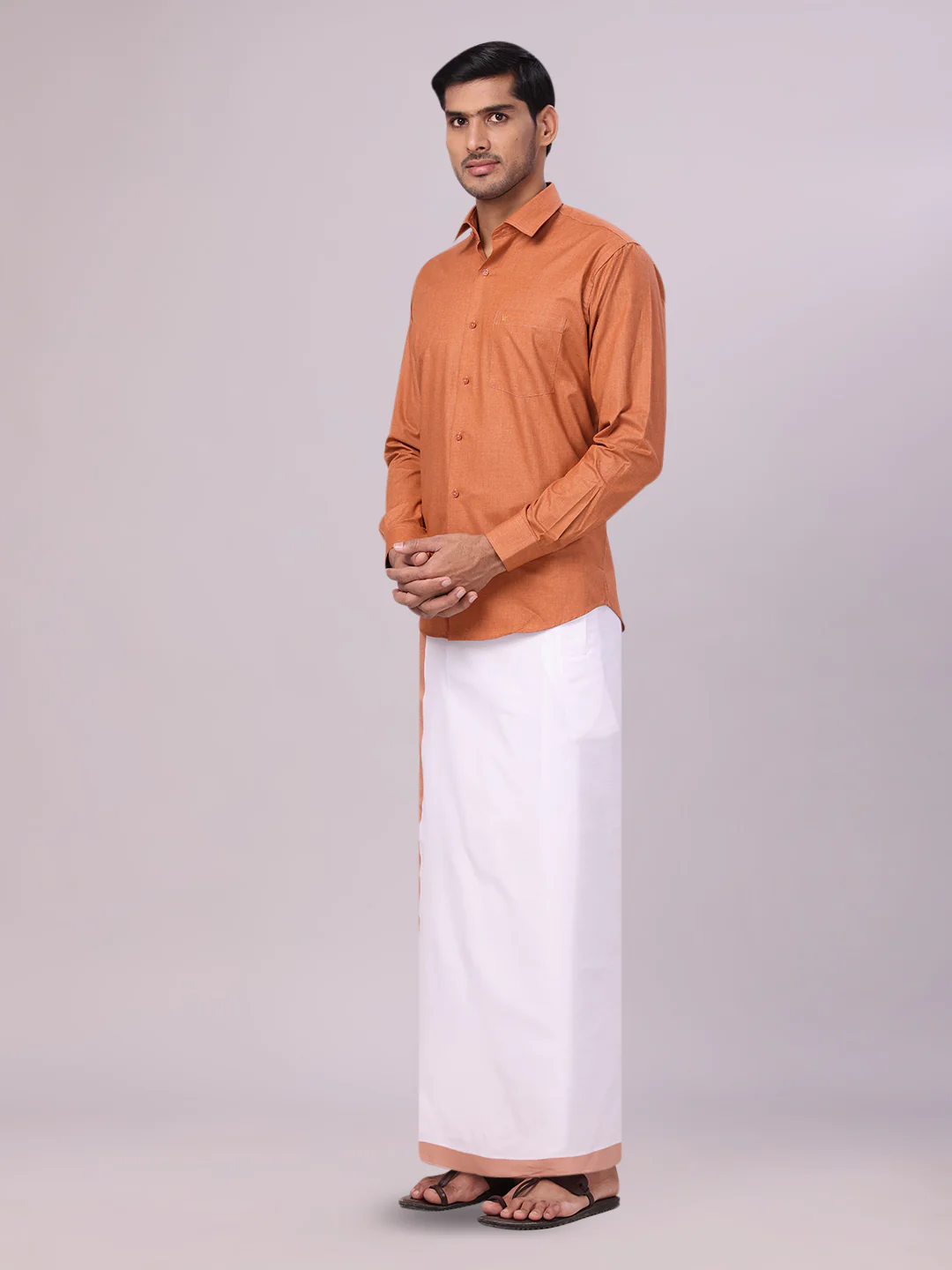 Men's Cotton Brown Shirt with Matching Border Flexi Dhoti Combo Casper Flexi - Image 4