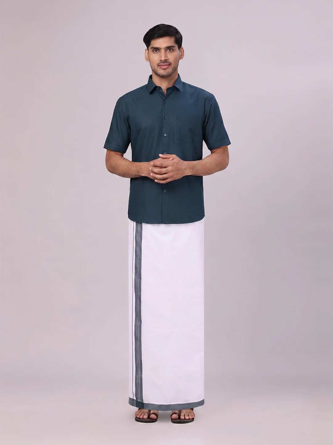 Mens Cotton Dark Green Matching Shirt and Dhoti Combo Luster - Image 2