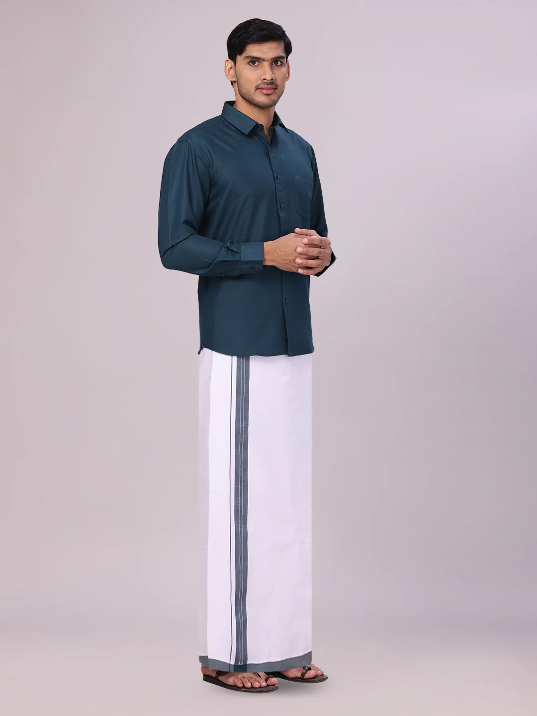 Mens Cotton Dark Green Matching Shirt and Dhoti Combo Luster - Image 5