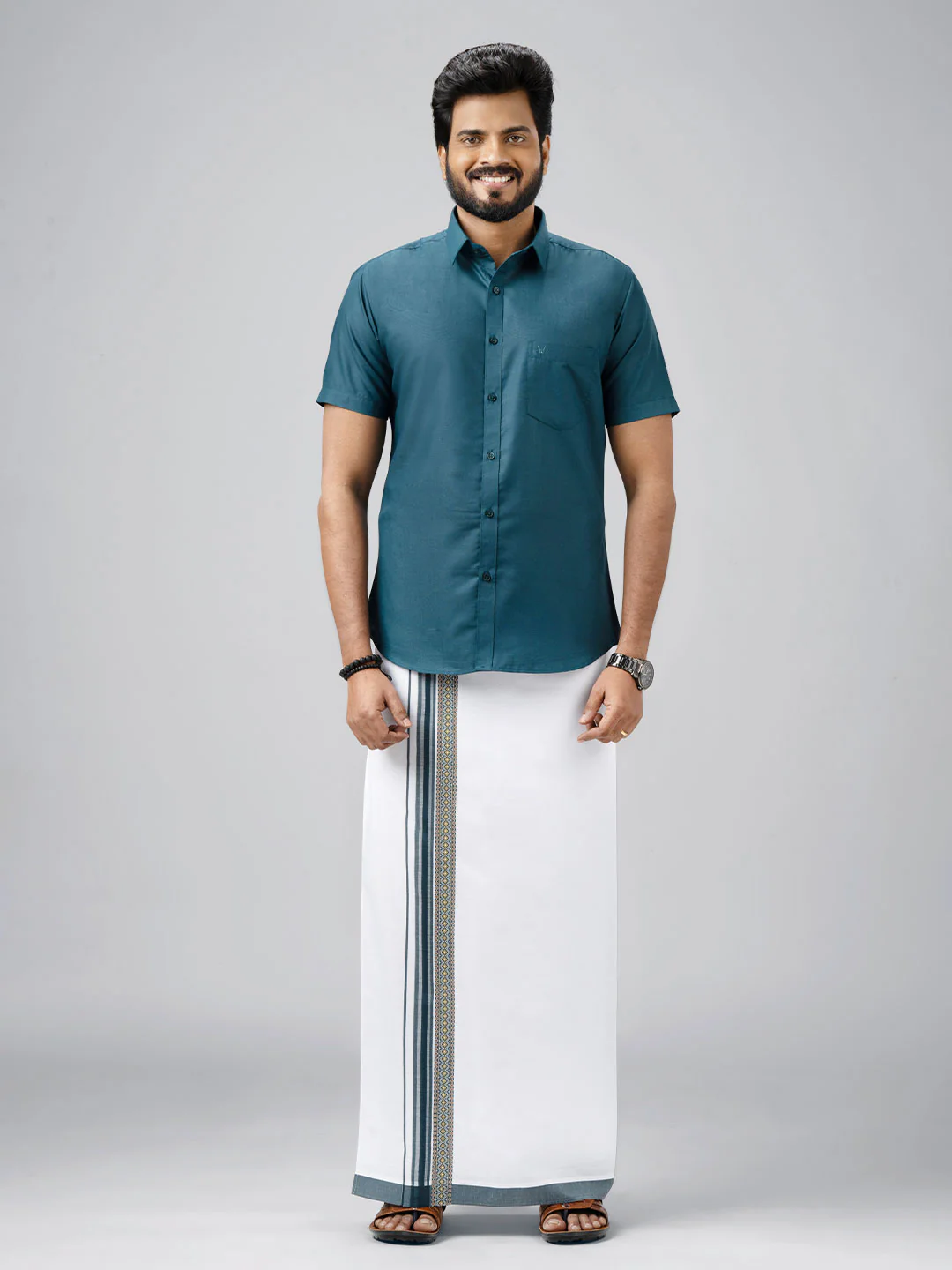 Men's Cotton Dark Green Matching Shirt with Fancy Printed Border Dhoti Combo Luster Trend