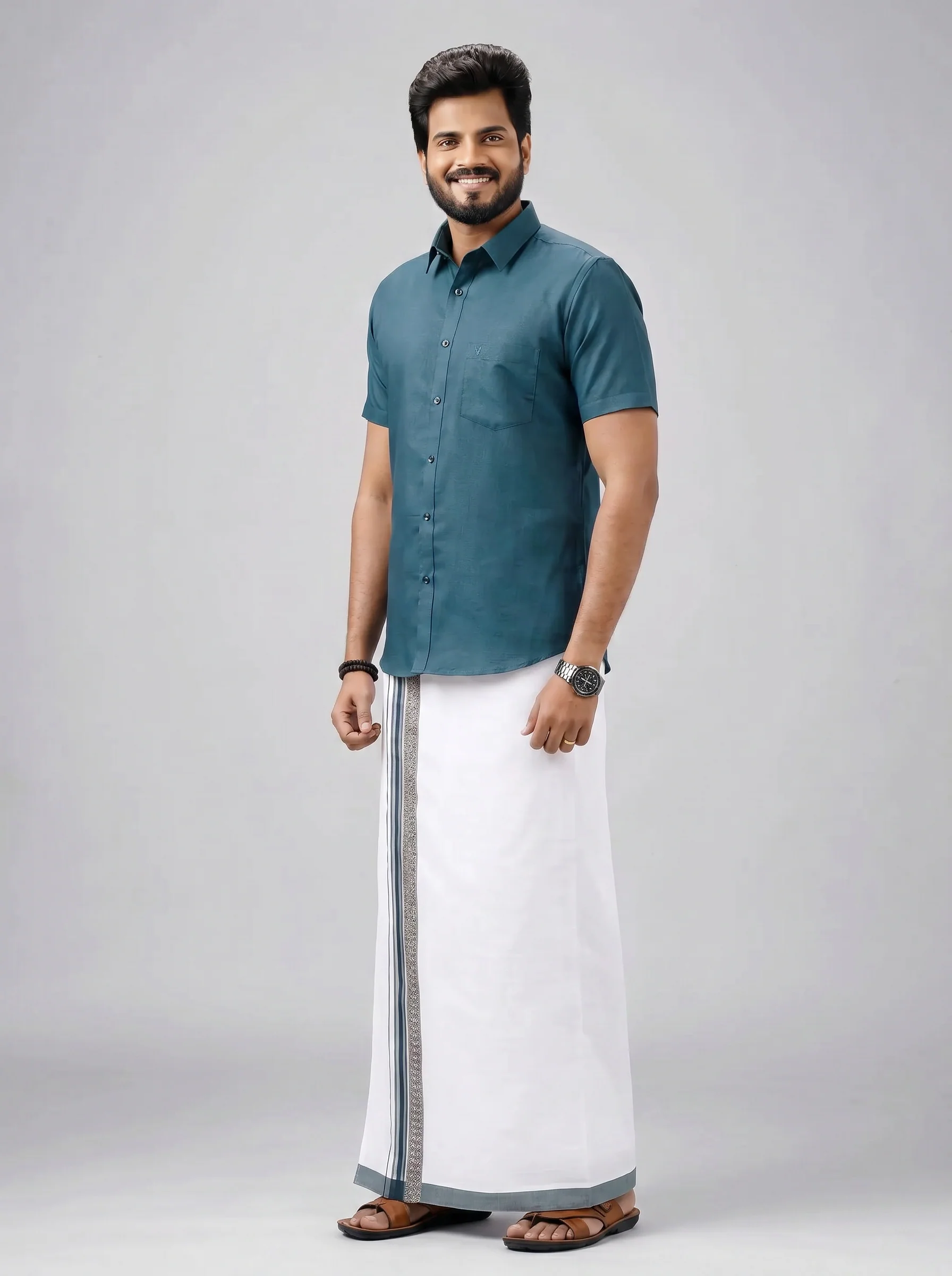 Men's Cotton Dark Green Matching Shirt with Fancy Printed Border Dhoti Combo Luster Trend - Image 2