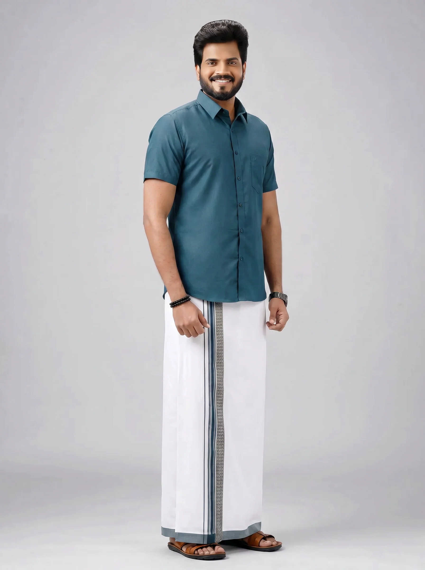 Men's Cotton Dark Green Matching Shirt with Fancy Printed Border Dhoti Combo Luster Trend - Image 3