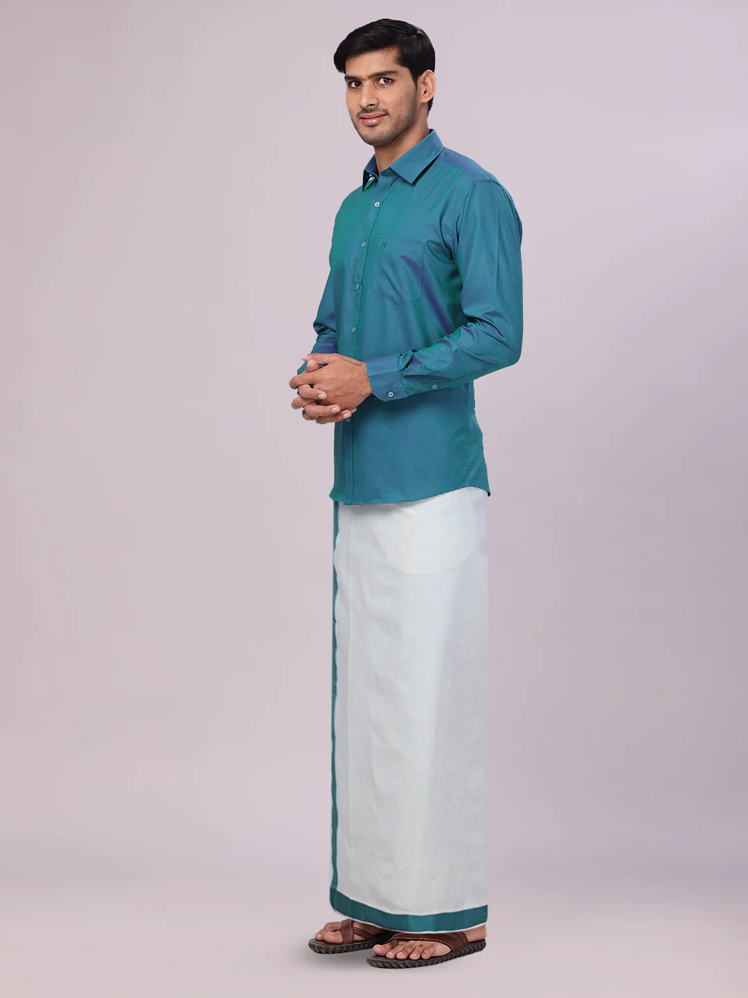 Mens Cotton Green Shirt with Tissue Matching Border Dhoti Wedding Combo Kandala - Image 3