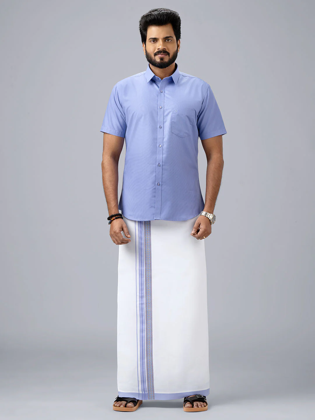 Men's Cotton Light Blue Matching Shirt with Fancy Printed Border Dhoti Combo Luster Trend