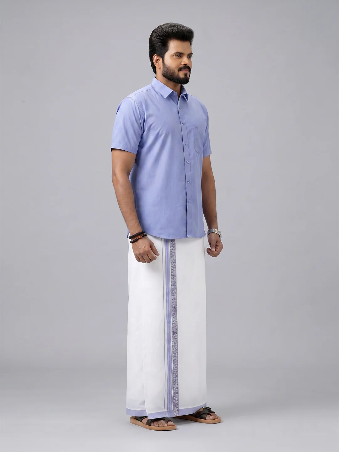 Men's Cotton Light Blue Matching Shirt with Fancy Printed Border Dhoti Combo Luster Trend - Image 2