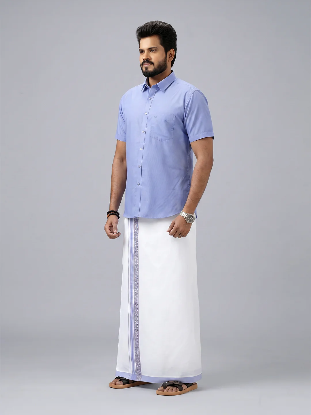 Men's Cotton Light Blue Matching Shirt with Fancy Printed Border Dhoti Combo Luster Trend - Image 3