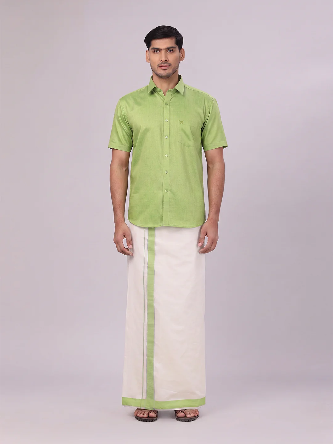 Mens Cotton Light Green Shirt with Tissue Matching Border Dhoti Wedding Combo Kandala - Image 2